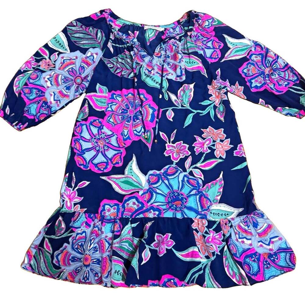 ALICE & TRIXIE Women’s Silk Floral V-Neck 3/4 Sleeve Ruffle Hem Dress S